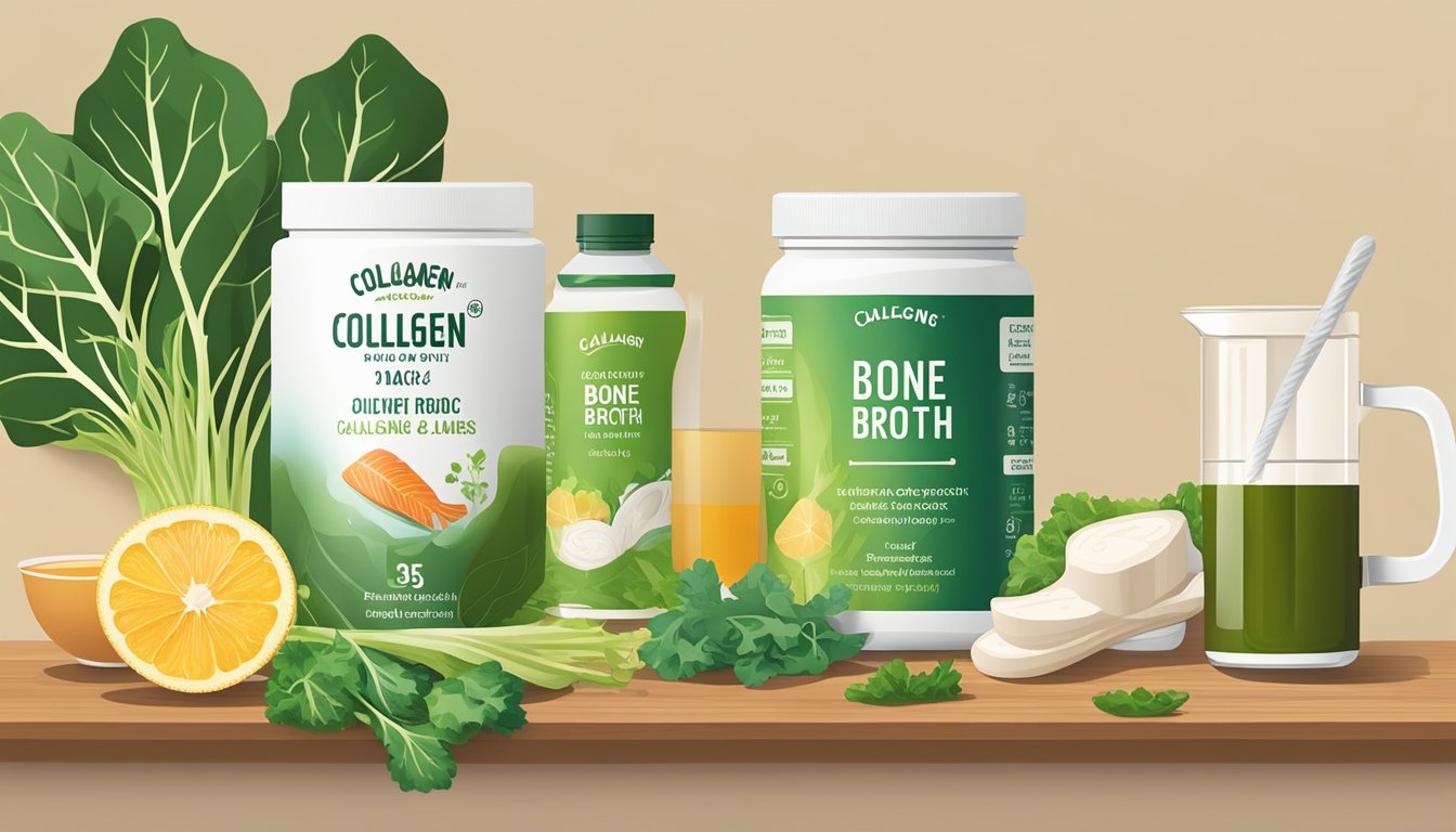 A variety of collagen-rich foods, such as bone broth, fish, and leafy greens, are displayed on a table with a collagen supplement bottle