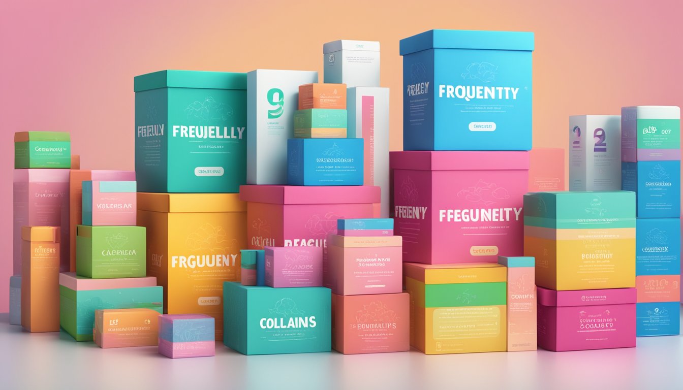 A stack of colorful product boxes with "Frequently Asked Questions" on top, surrounded by various collagen brand logos