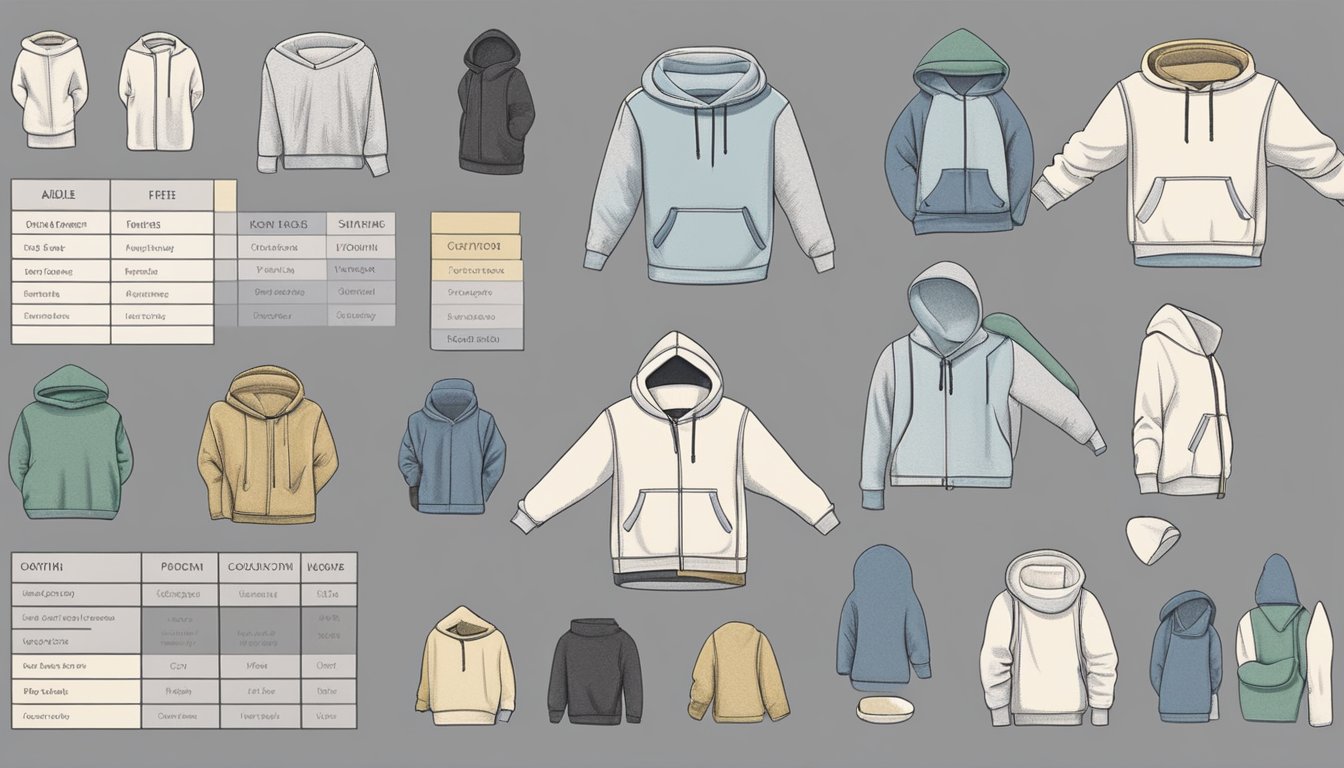 A table with various hoodie materials: fleece, cotton, polyester, and blends. Labels and swatches are neatly organized for reference