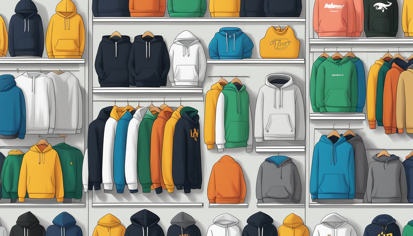 A display of iconic hoodie brands arranged on a clean, minimalist shelf