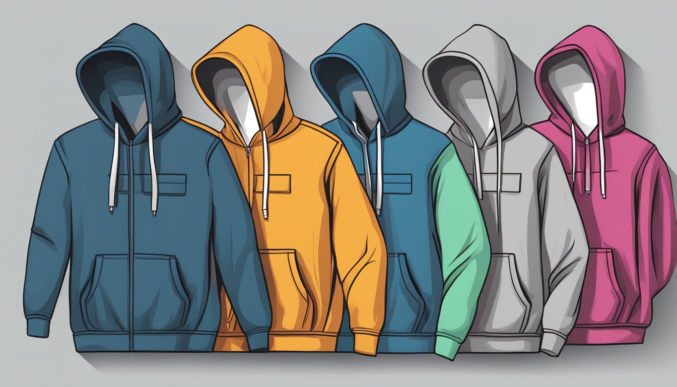 A row of hoodies in various styles and colors, showcasing different features such as pockets, drawstrings, and zipper closures