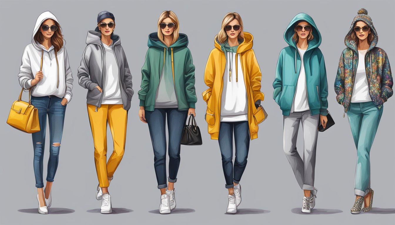 Hoodies are paired with stylish fashion items like high heels, statement jewelry, and designer handbags for a chic and trendy look