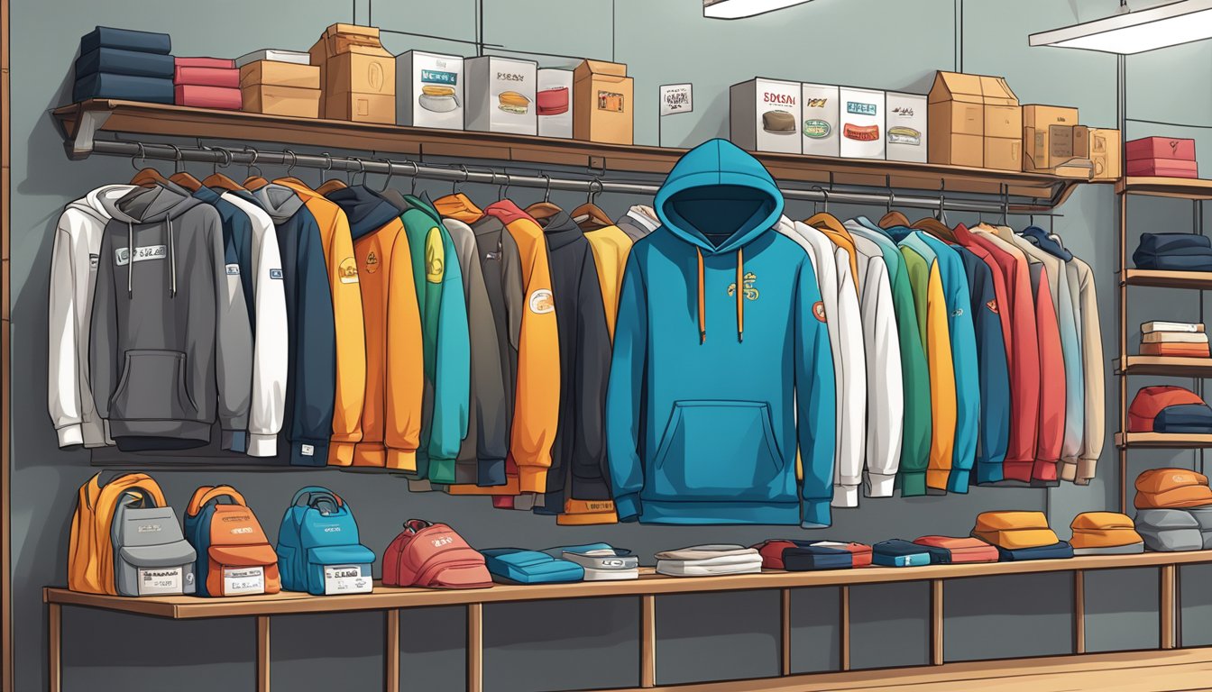 Various hoodie brands displayed with price tags and quality labels. Different materials and designs showcased in a well-lit store setting