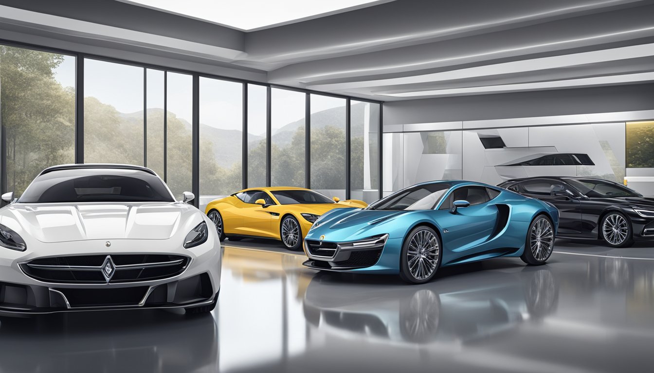 Italian car brands line up in a sleek showroom, with iconic logos and luxurious designs on display