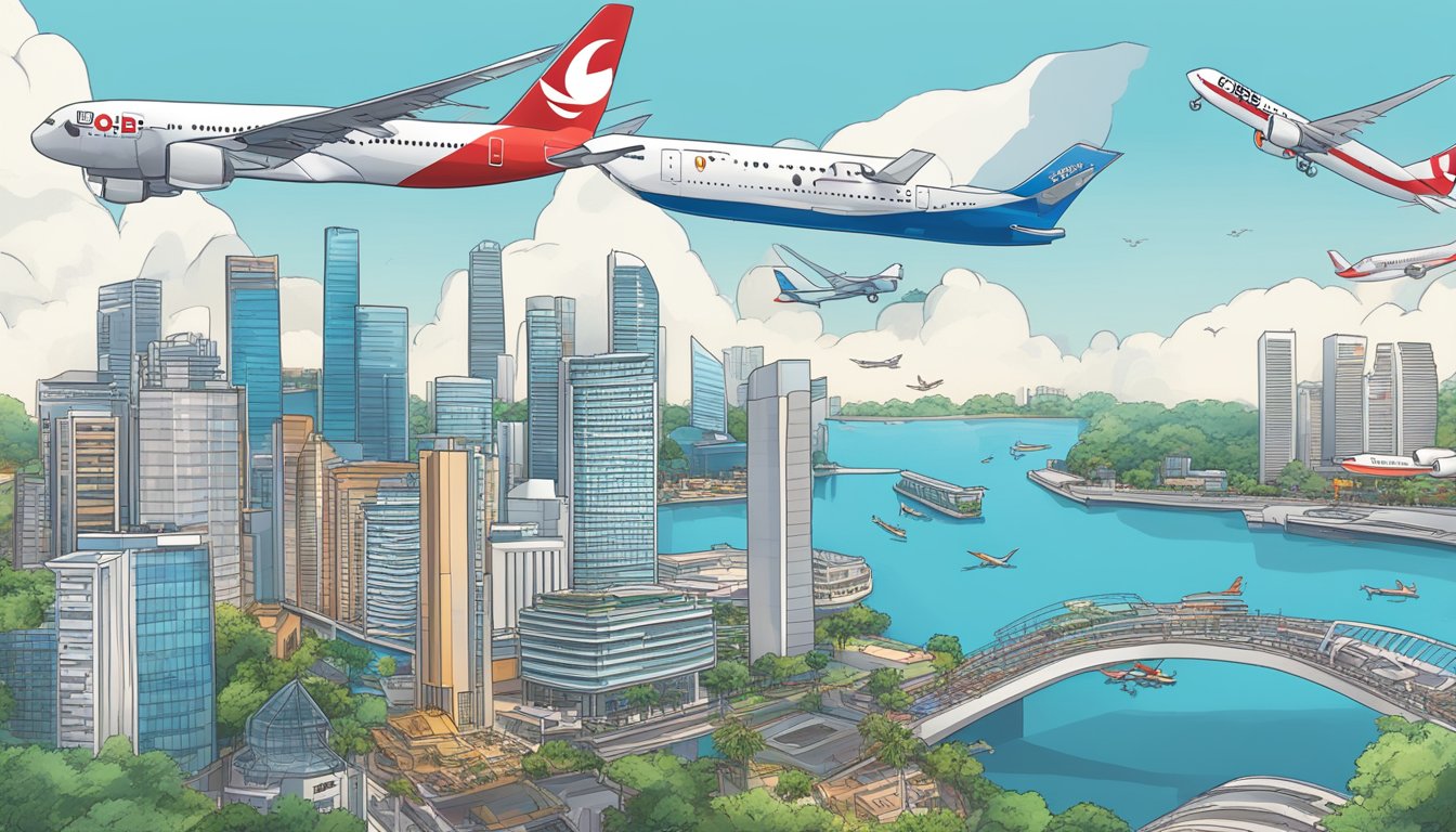 The UOB PRVI Miles Card is shown against a Singapore city skyline, with airplanes flying overhead and a map of the world in the background