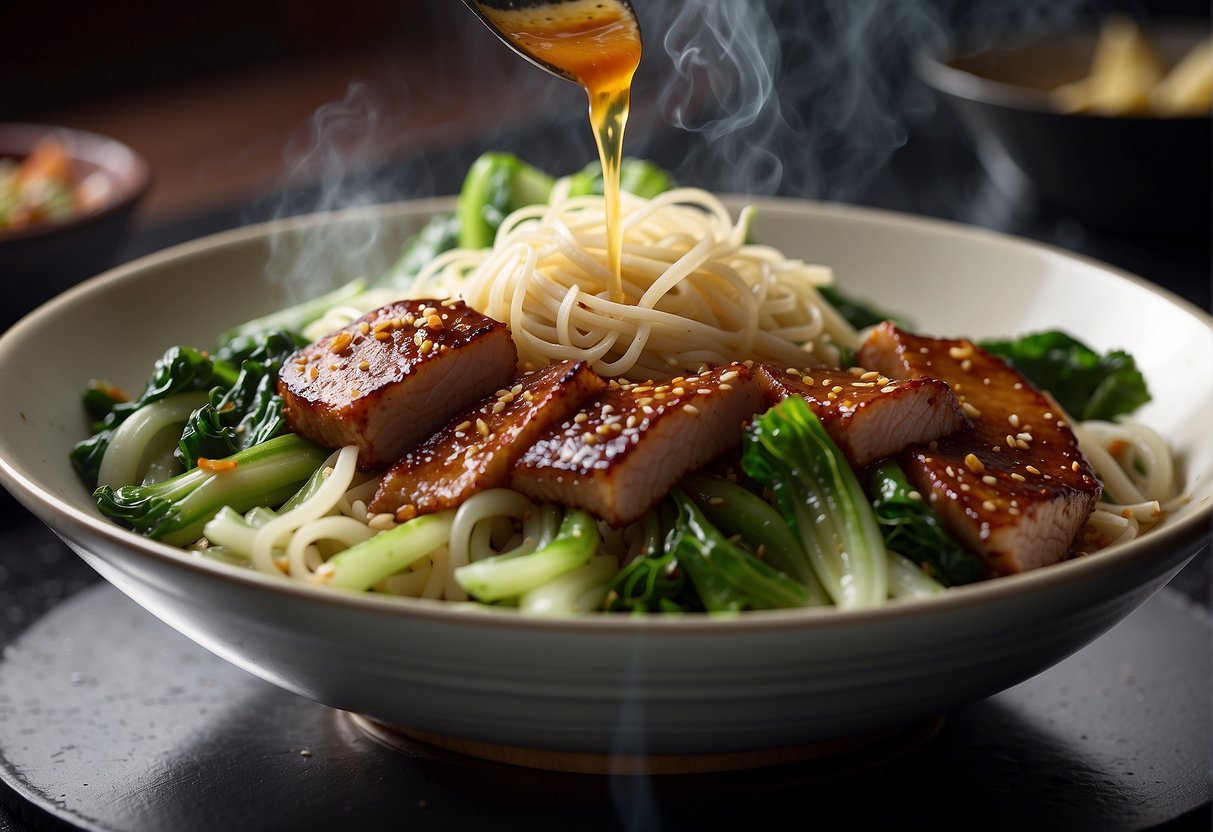 A wok sizzles with steaming noodles, tender slices of char siu, and bok choy, while a savory sauce is drizzled over the dish
