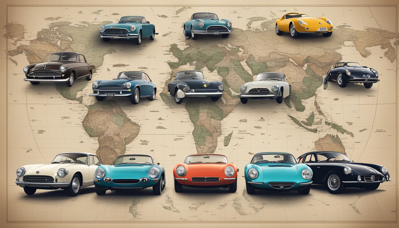Italian car brands logo timeline displayed on a vintage map with iconic cars in the background