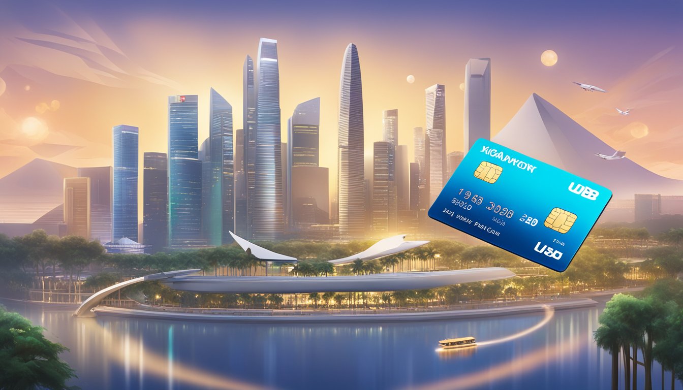 A sleek UOB PRVI Miles Card floats above iconic Singapore landmarks, surrounded by a trail of shimmering miles and rewards