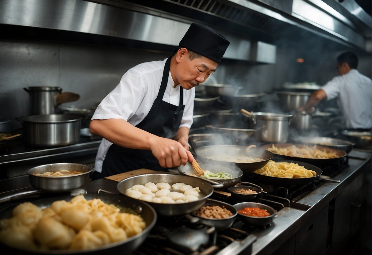A bustling Chinese kitchen, steaming pots and sizzling woks, filled with fresh noodles, succulent char siu, and fragrant wantan dumplings