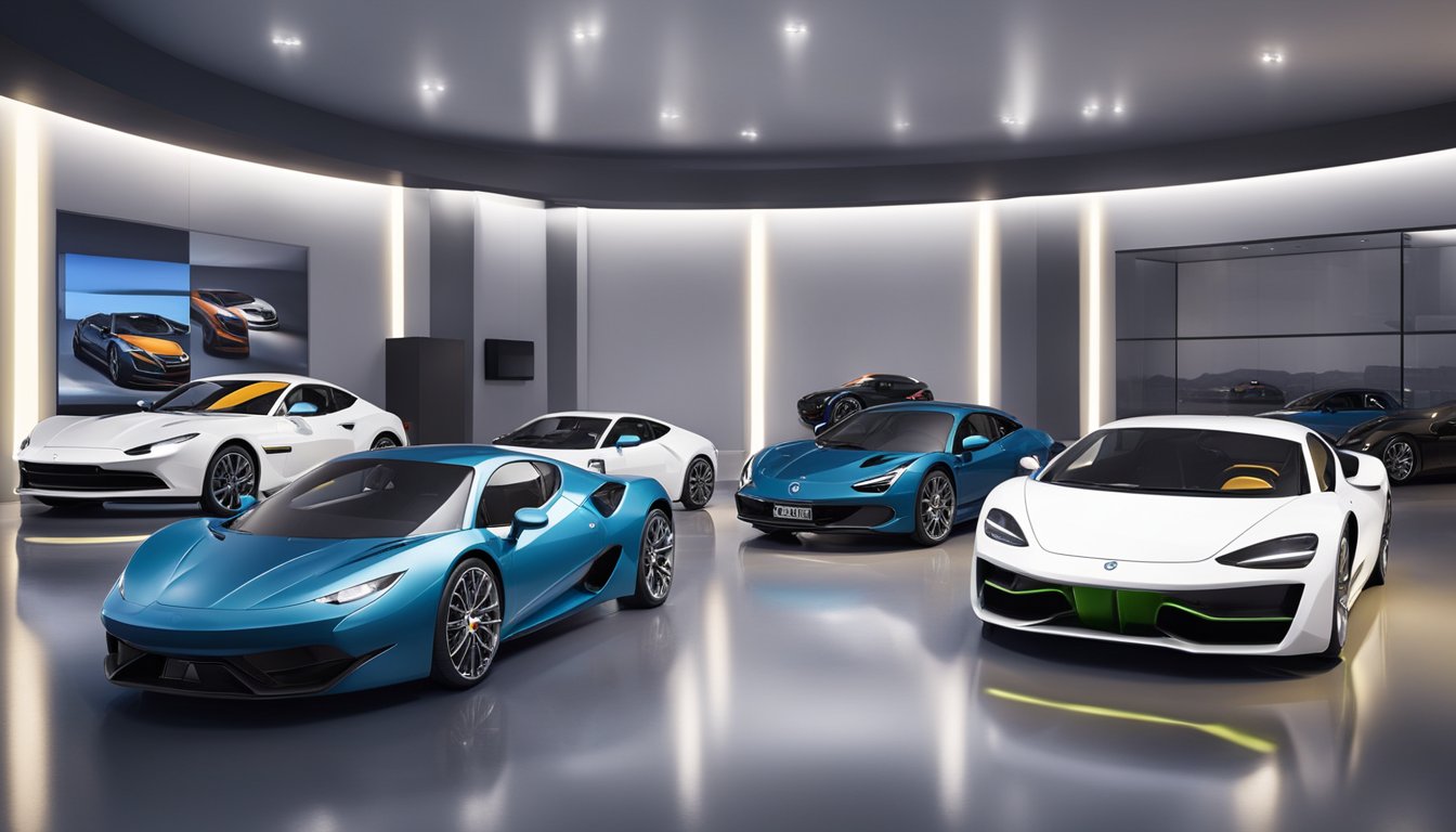 Italian car brands displayed on a sleek showroom floor, with logos and models showcased under bright spotlights
