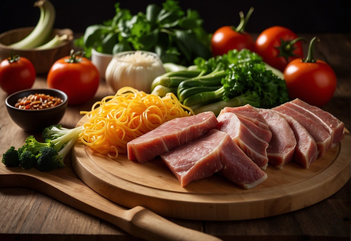 A wooden cutting board holds freshly sliced vegetables, raw noodles, and marinated meat, ready to be used in a Chinese wantan mee recipe