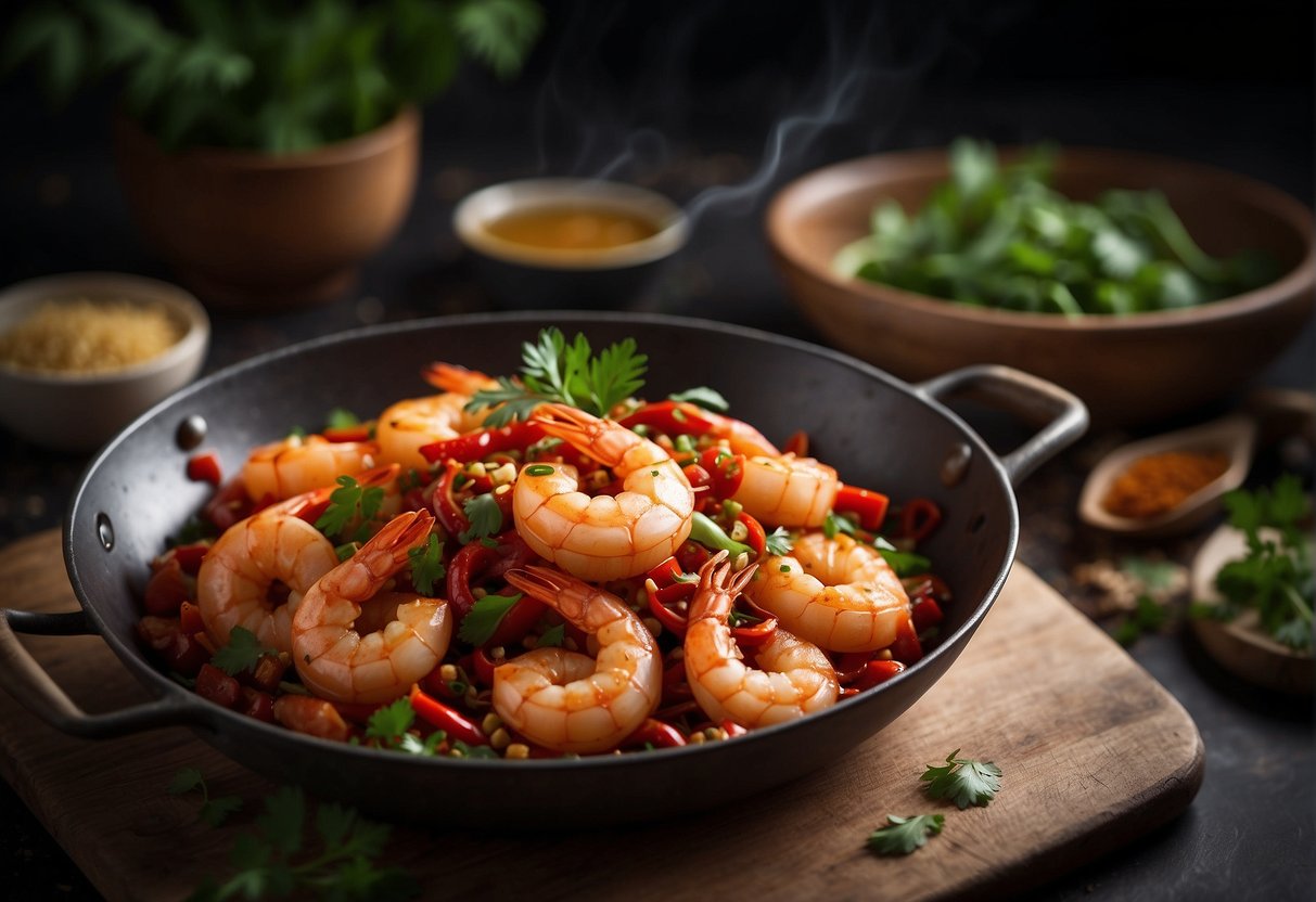 A sizzling pan of chili prawns stir-frying with vibrant Indian and Chinese spices, emitting a mouth-watering aroma. Garnished with fresh herbs and served on a decorative platter