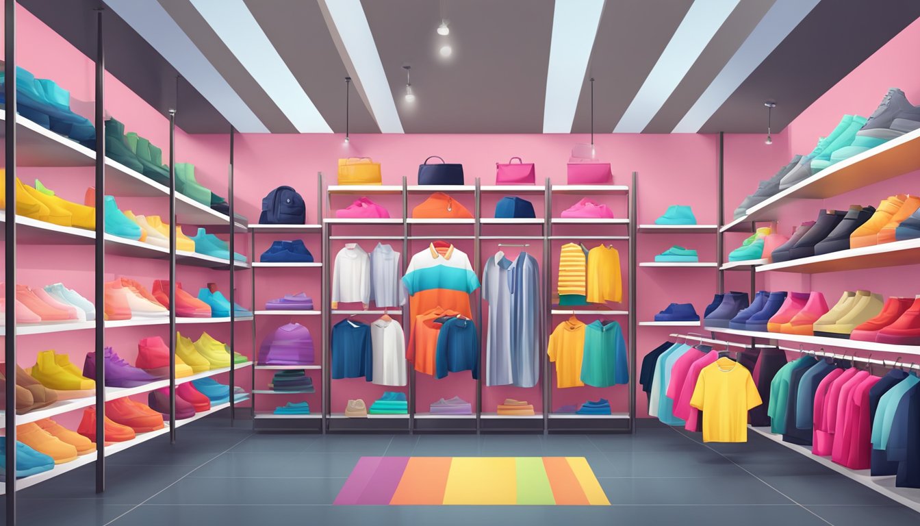 A colorful display of popular clothing brands arranged neatly on shelves in a modern and stylish boutique