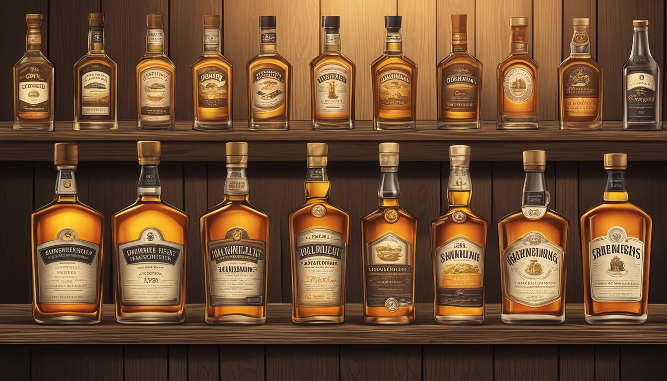 Various bottles of blended whiskey arranged on a rustic wooden shelf, with warm lighting casting a golden glow on the labels