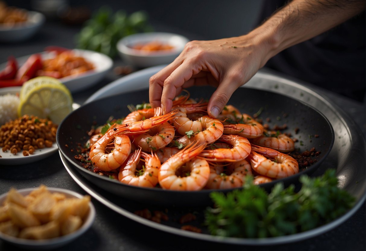 A hand reaches for fresh prawns, slicing and marinating them with chili and Indian Chinese spices