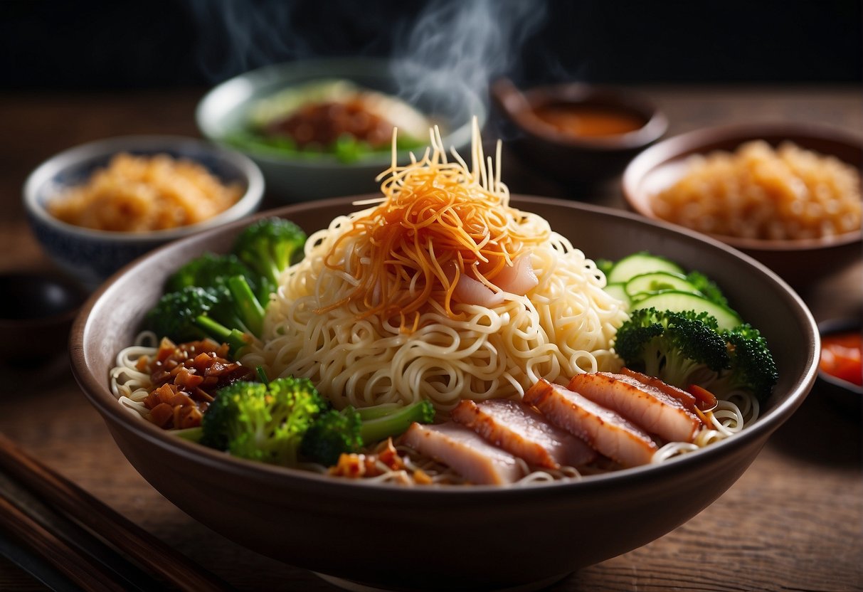 A steaming bowl of wantan mee with savory sauce and seasoning, topped with fresh vegetables and succulent slices of char siu