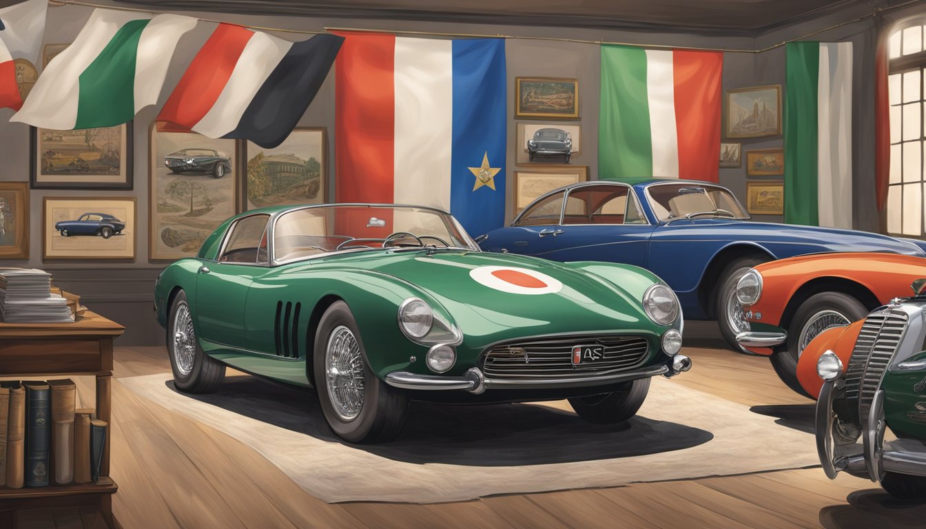 Italian car logos and flags displayed in a museum, surrounded by historical artifacts and documents