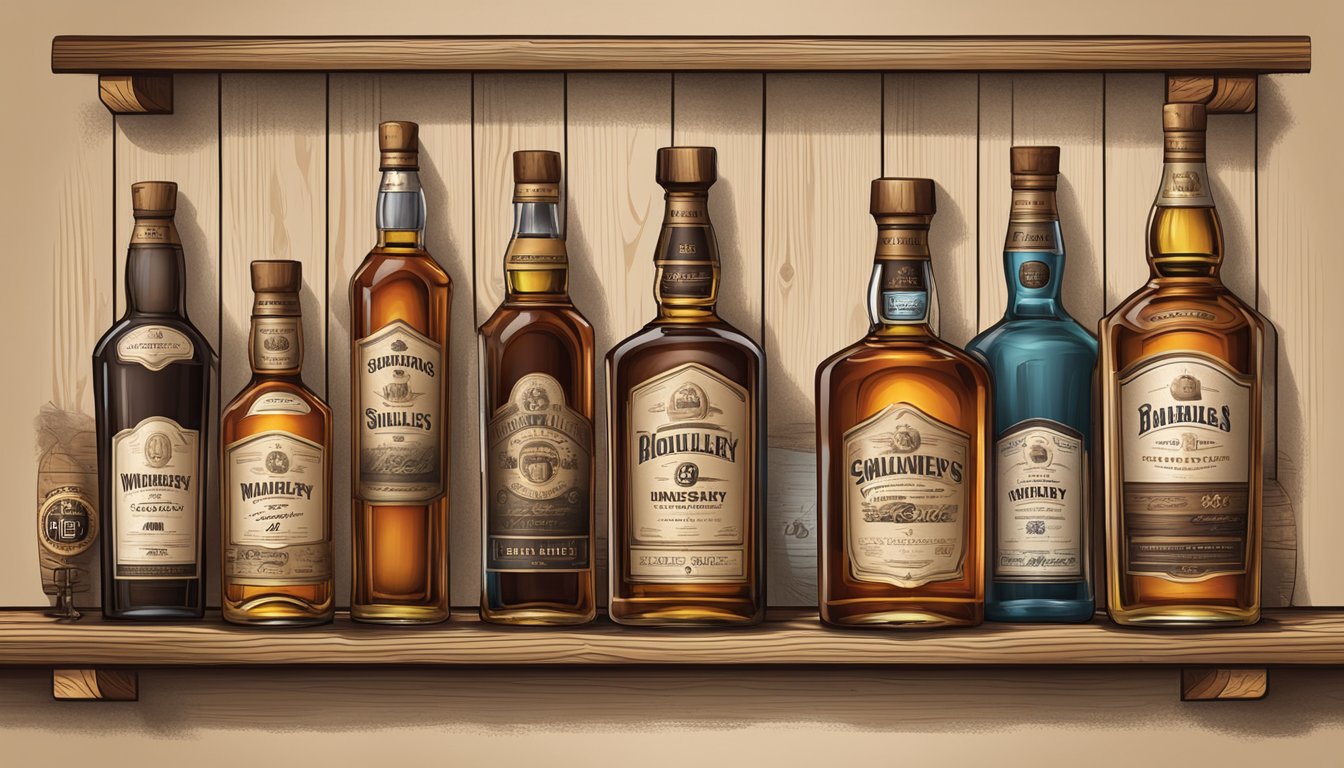 A row of whiskey bottles on a wooden shelf, each label featuring unique designs and colors, surrounded by barrels and distillery equipment