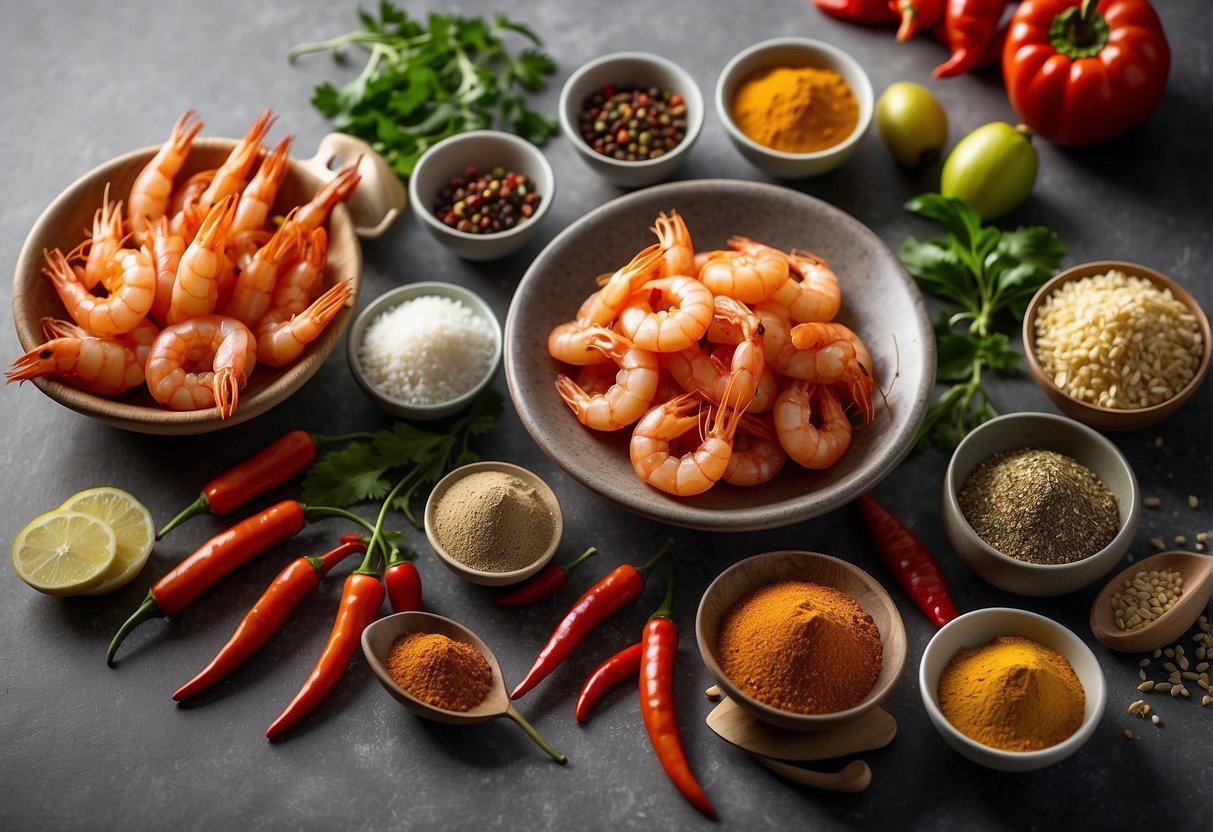 Ingredients and tools for chilli prawn recipe laid out on a clean kitchen counter. Spices, prawns, vegetables, and cooking utensils neatly organized