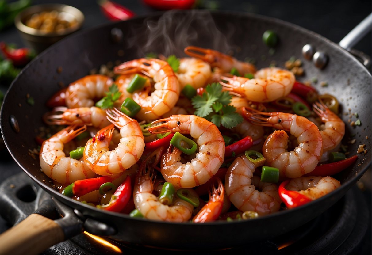 Prawns sizzling in a wok with vibrant red chillies, garlic, and ginger, creating a tantalizing aroma of Indian-Chinese fusion cuisine