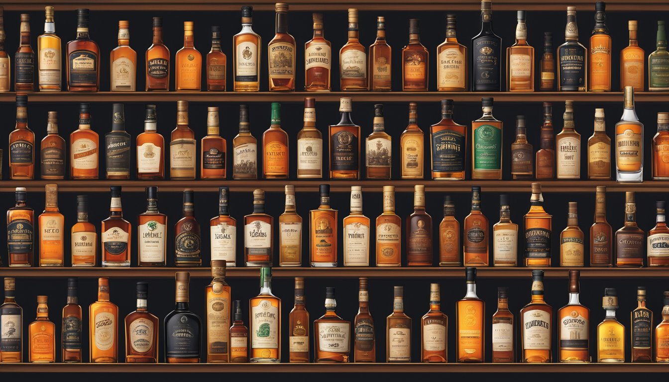 A shelf lined with iconic blended whiskey brands, each bottle distinct in shape and label design, set against a backdrop of warm, dimly lit bar ambiance