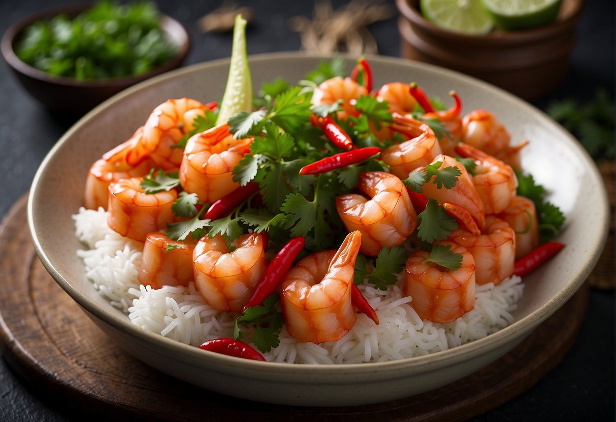 A steaming plate of chilli prawns garnished with fresh cilantro and red chillies, served alongside fragrant basmati rice and crispy vegetable spring rolls