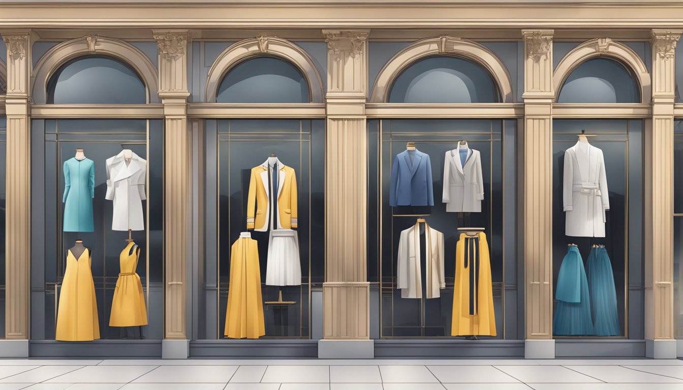 A row of iconic luxury fashion houses' storefronts, displaying their common clothing brands in elegant window displays