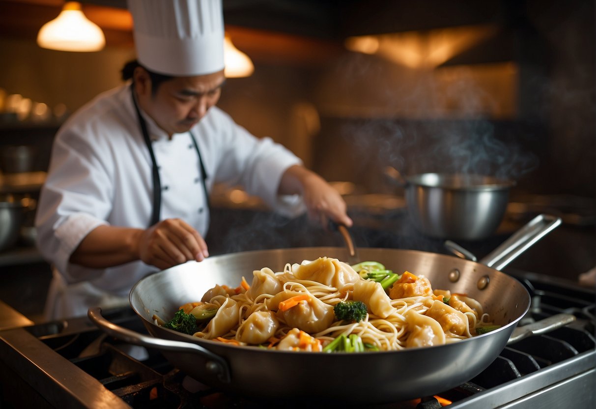 A wok sizzles as noodles and vegetables are stir-fried. A chef adds soy sauce and spices, then tosses in wantan dumplings