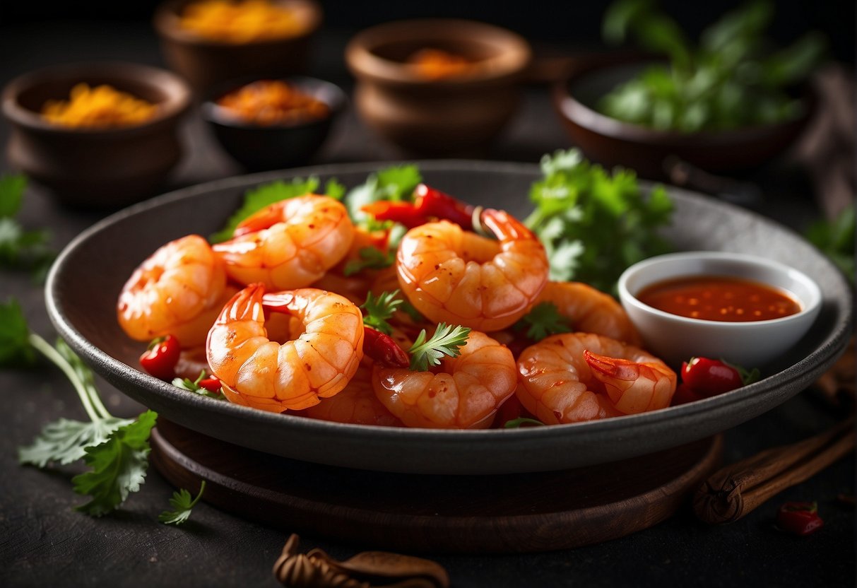 A plate of spicy chilli prawns with Indian and Chinese flavors, accompanied by a list of nutritional information and health benefits