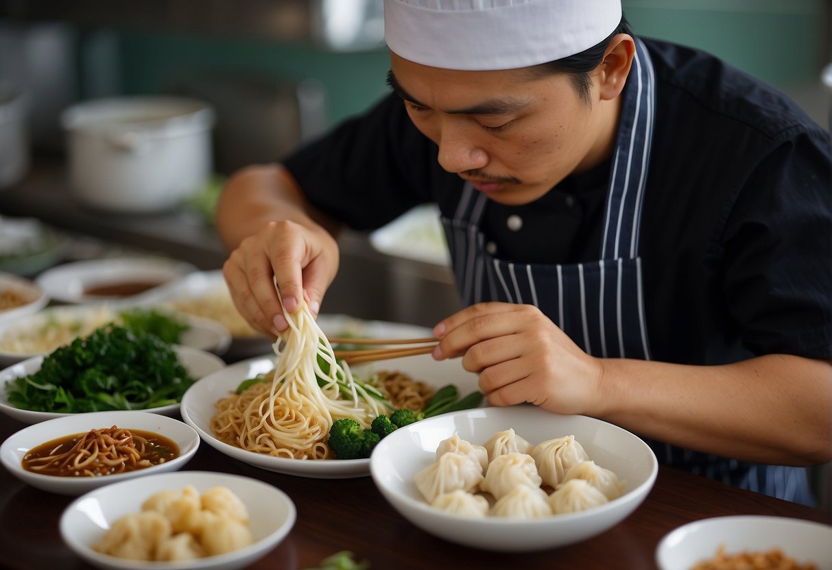 A chef prepares Wantan Mee, arranging noodles, wantan dumplings, and garnishes on a plate