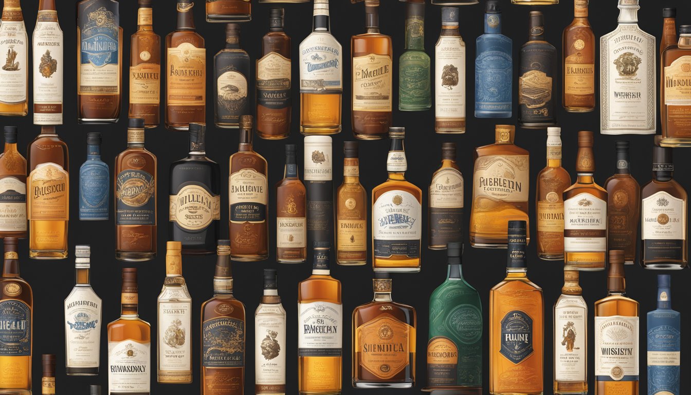 A table adorned with various bottles of blended whiskey from around the world, each label showcasing unique branding and design