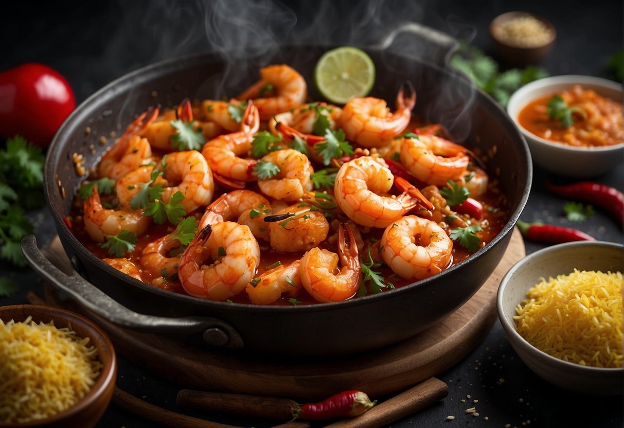 A sizzling pan of chilli prawns, garnished with vibrant Indian and Chinese spices, steaming and ready to serve