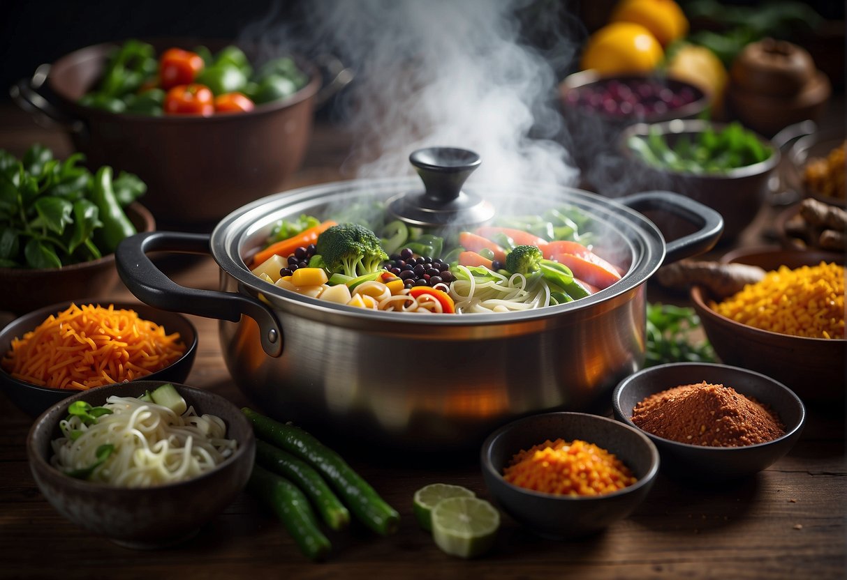 A steaming pot filled with fragrant Chinese one-pot meal ingredients, surrounded by colorful spices and fresh vegetables
