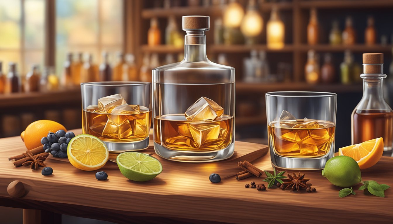 Glasses of blended whiskey sit on a wooden tasting board, surrounded by aromatic spices and fruits. A soft glow illuminates the scene, inviting the viewer to experience the sensory journey of whiskey tasting