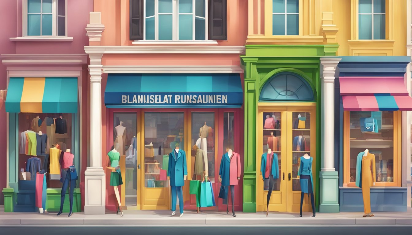 Colorful storefronts display trendy logos and mannequins model the latest styles in a bustling shopping district