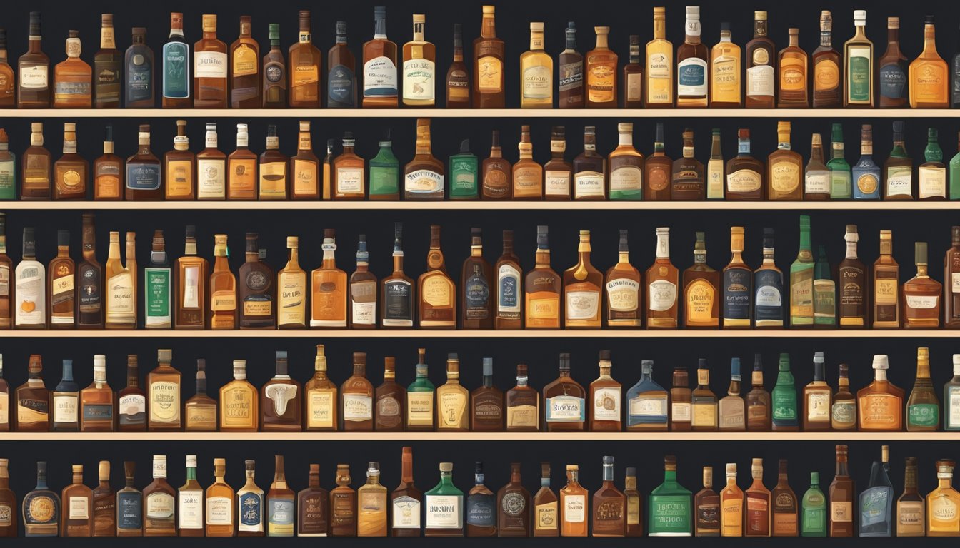 A hand reaches for a shelf of various whiskey bottles, each with distinctive labels and colors. The bottles are neatly arranged, creating a visually appealing display for the customer to choose from