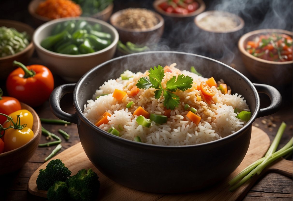 A steaming pot of Chinese one-pot rice dish sits on a rustic wooden table, surrounded by colorful ingredients like vegetables, meats, and spices
