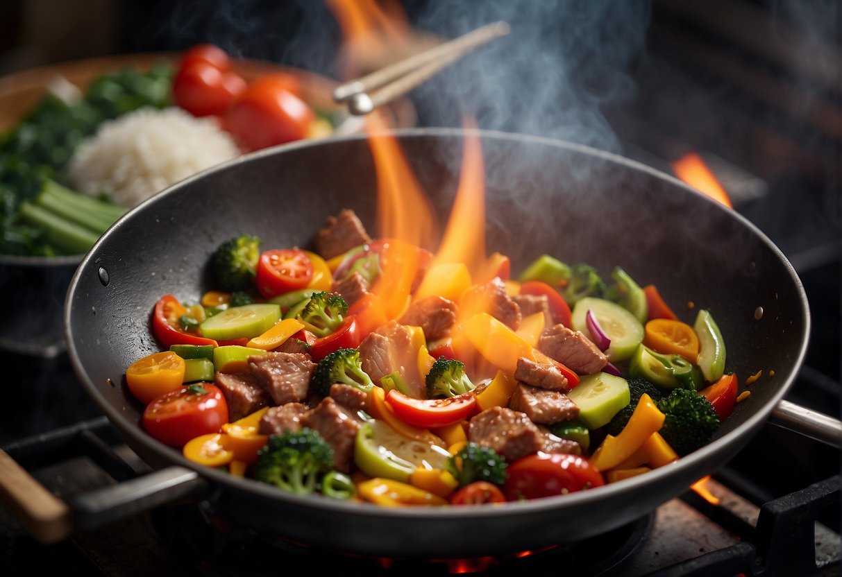 A wok sizzles over a hot flame, filled with colorful vegetables and chunks of tender meat. Steam rises as the chef tosses the ingredients with precision, infusing them with savory sauces and aromatic spices