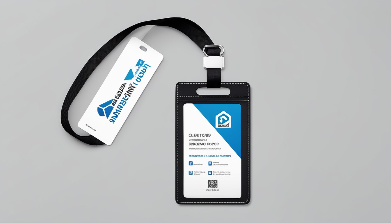 A lanyard card holder with prominent branding displayed against a clean, professional backdrop