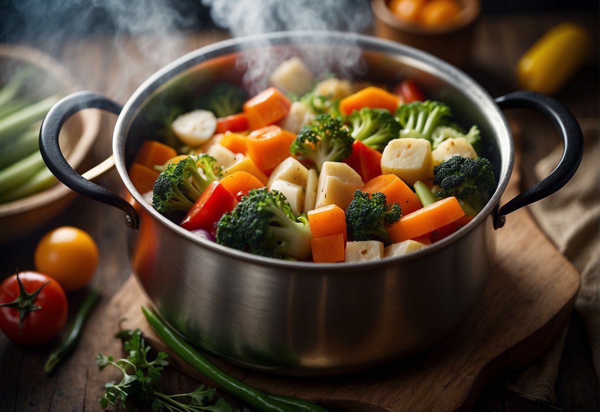 A steaming pot filled with colorful vegetables and side additions for Chinese one-pot meal recipes