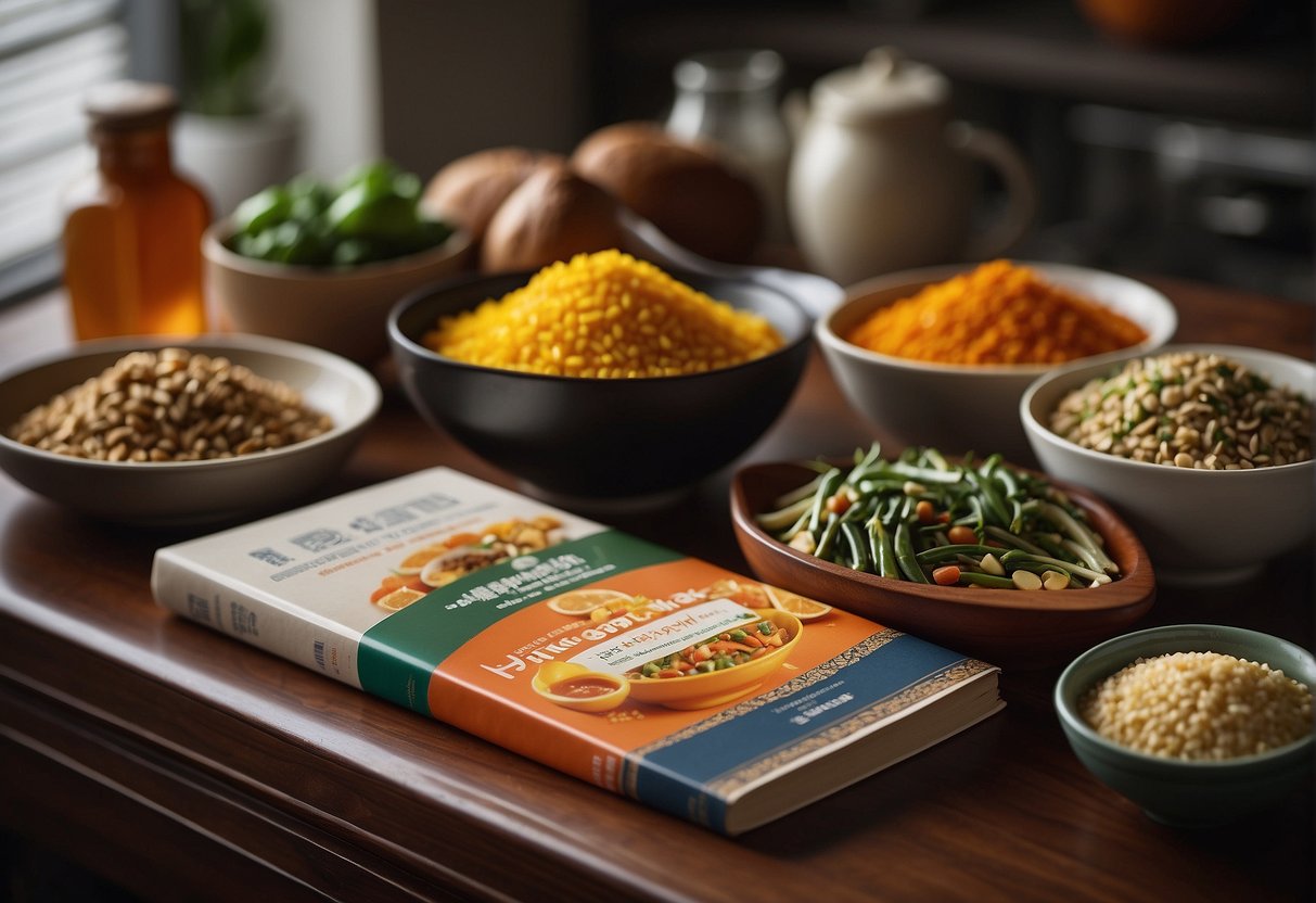 A variety of seasoning and flavor enhancers are arranged on a kitchen counter next to a collection of Chinese one-pot meal recipe books