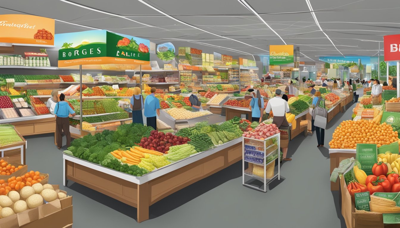 A bustling marketplace with colorful signage for "Borges Branded Foods" and a variety of fresh produce and packaged goods on display