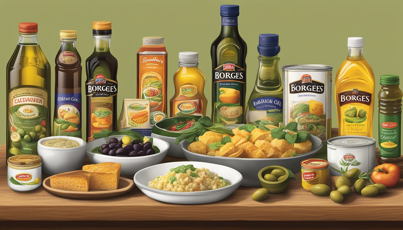 A table filled with a variety of borges branded foods, including olive oil, vinegar, and canned goods, with the borges logo prominently displayed