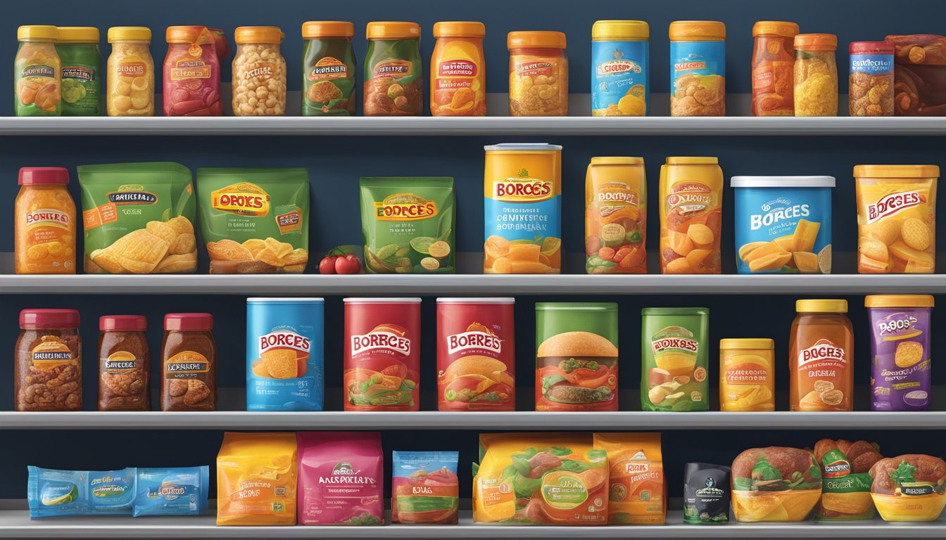 A display of various Borges branded foods arranged on shelves with colorful packaging and clear labels