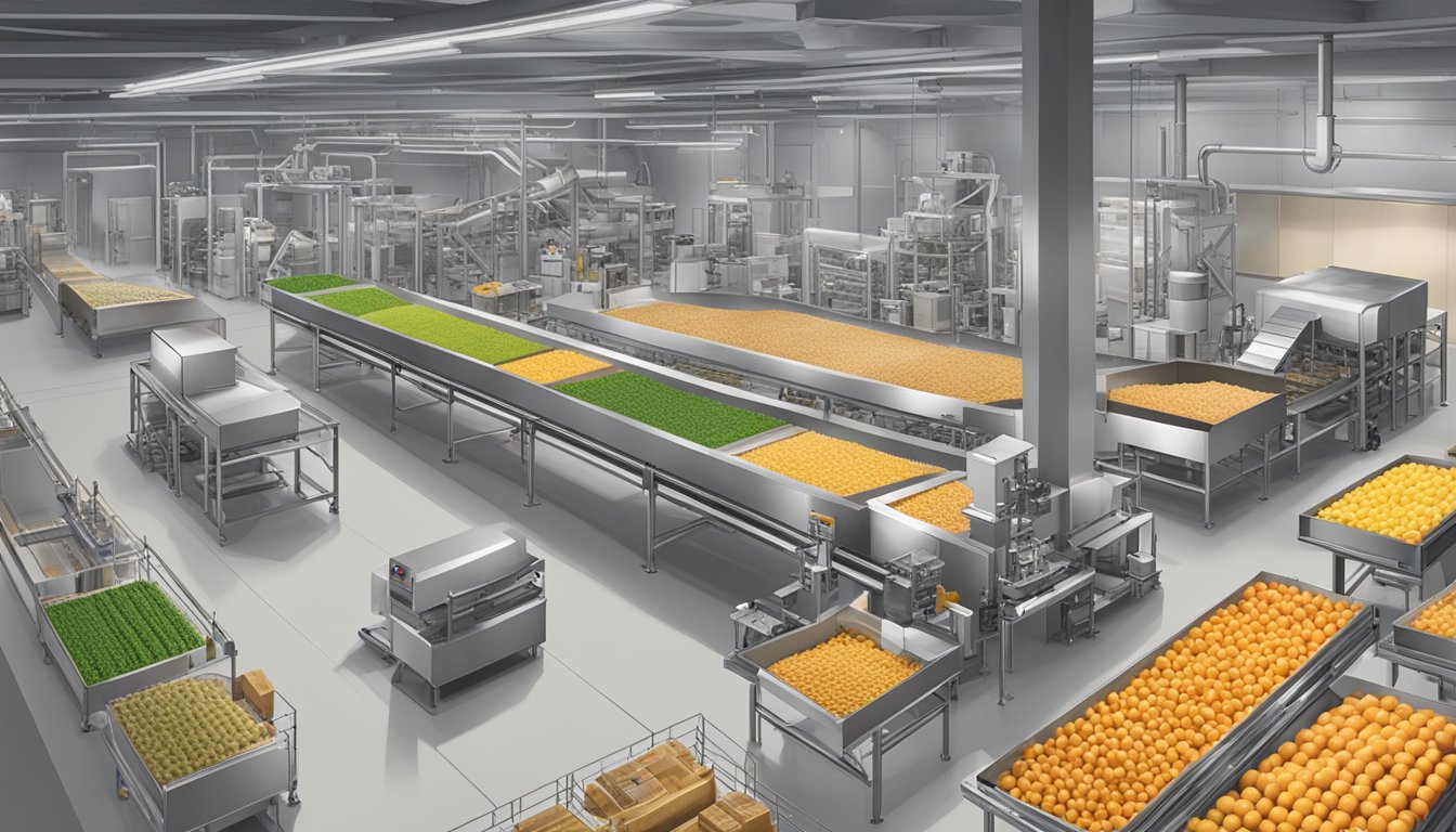 A bustling food production facility with Borges branding prominently displayed on packaging and machinery. Quality control checks in progress
