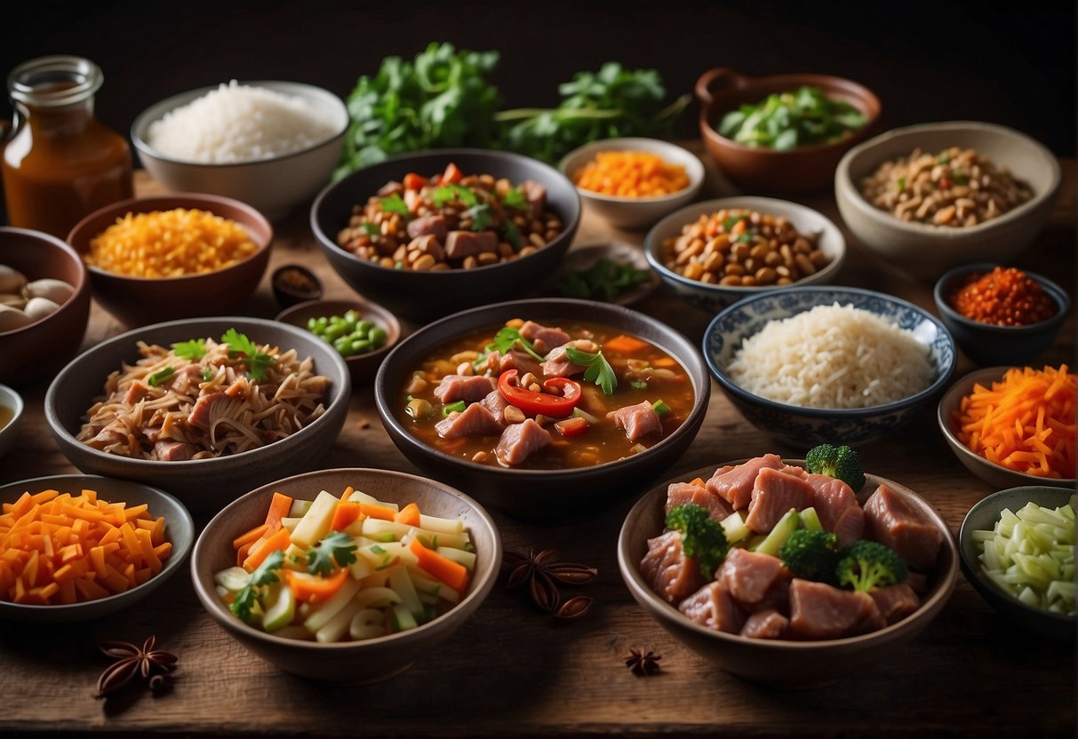 A table with various Chinese 1 pot meal ingredients, including vegetables, meats, and spices, laid out for preparation