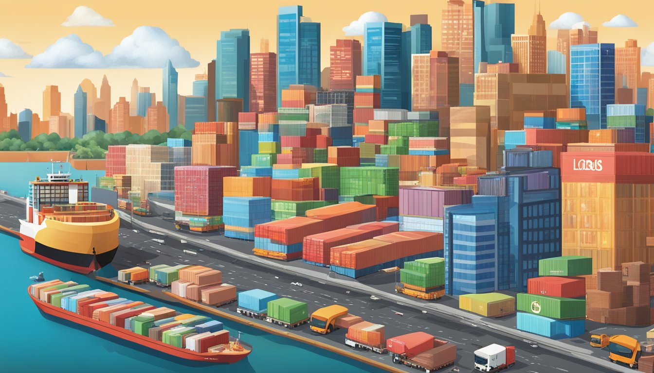 A bustling city skyline with Borges branded food products being shipped around the world, showcasing the global reach of the brand
