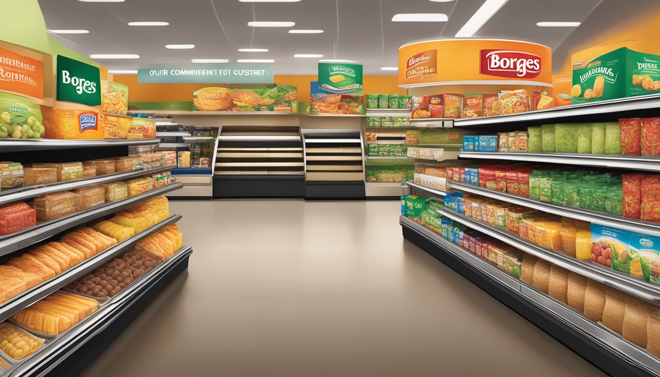 A display of Borges branded foods with a prominent sign reading "Our Commitment to Customers" stands out in a well-lit and organized grocery store aisle