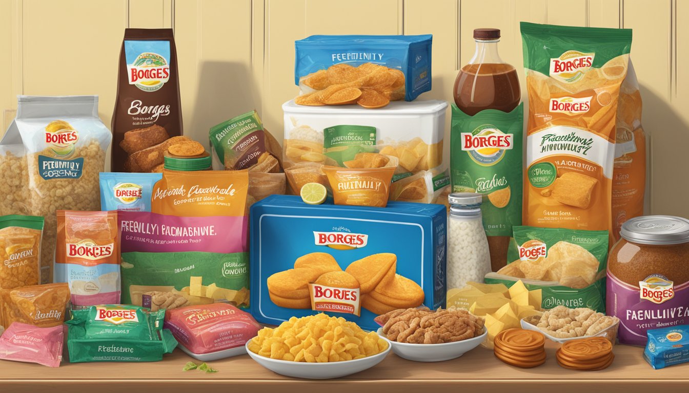 A table with various Borges branded food products neatly arranged, with a sign reading "Frequently Asked Questions" displayed prominently