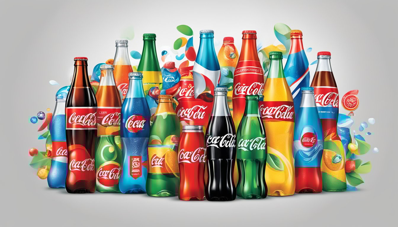 Coca-Cola logo merging with other brand logos in a dynamic, colorful display